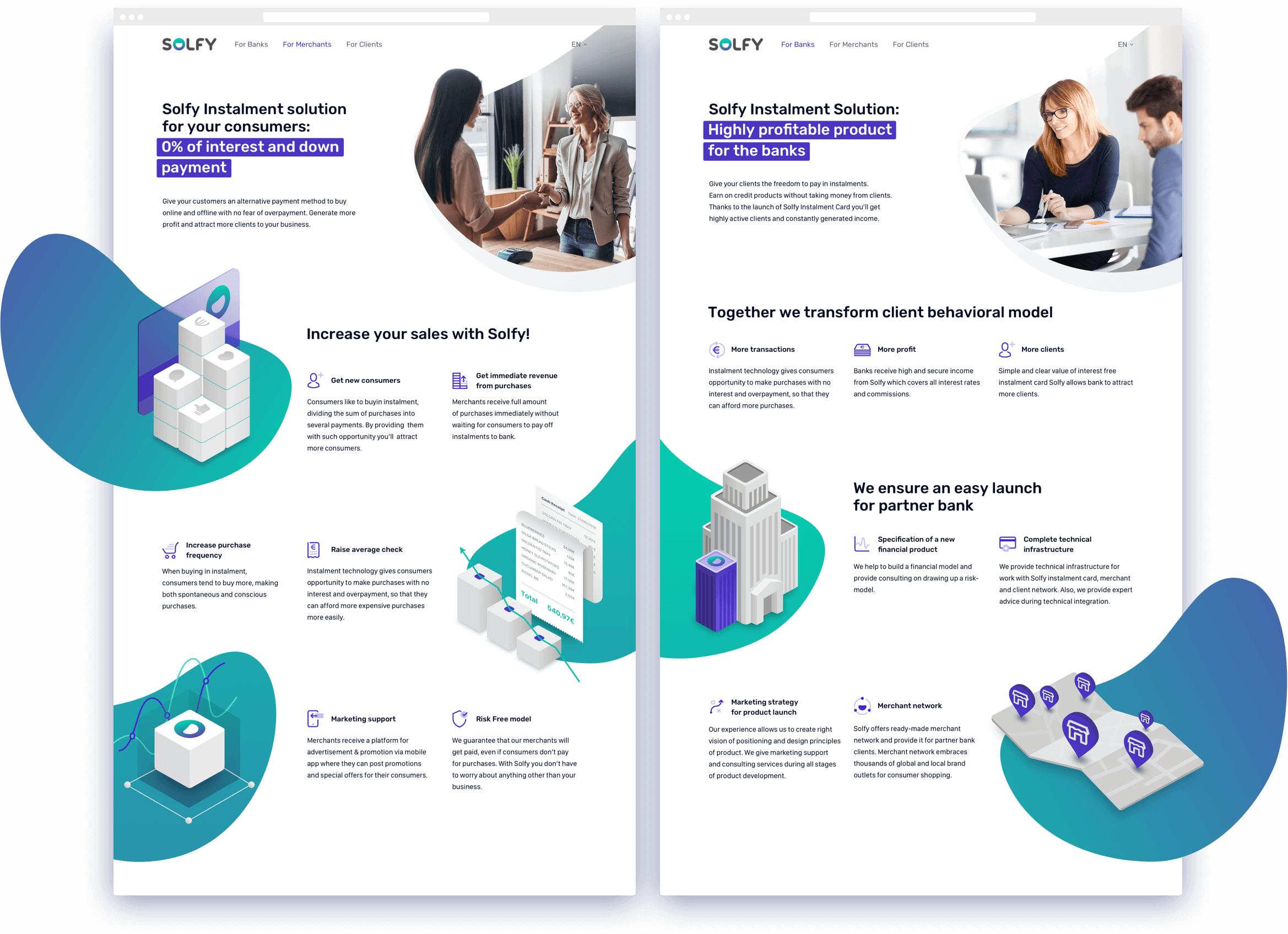 There are two Solfy pages that show benefits for merchants and banks