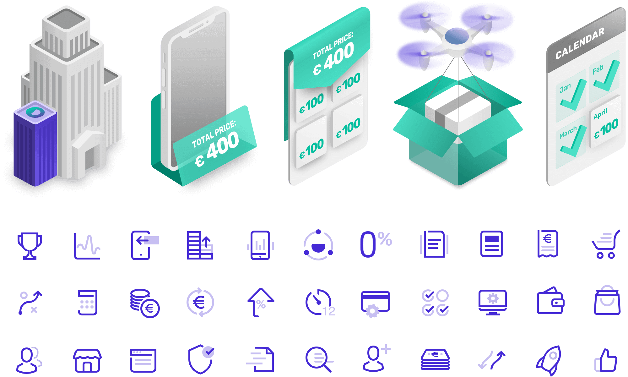 Isometric set of illustrations and icons created for Solfy website.