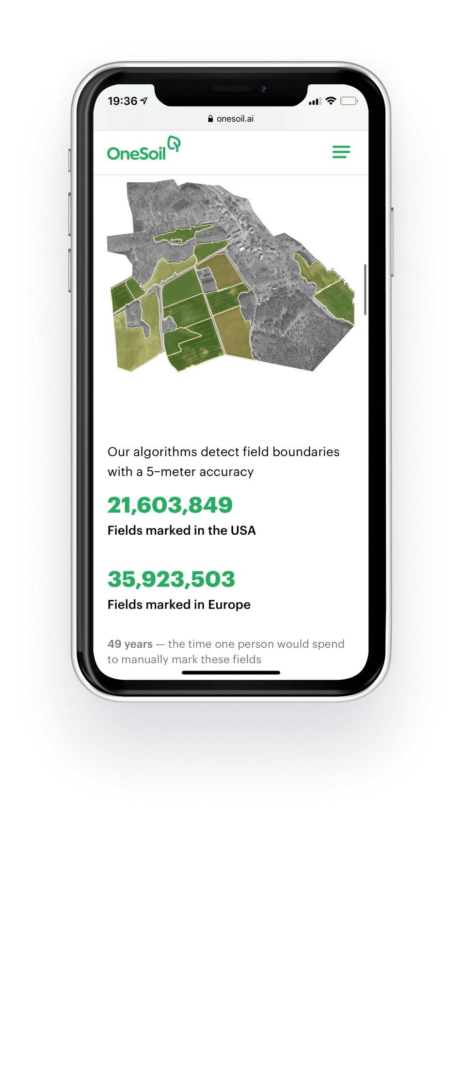 Фрагмент мобильной версии сайта OneSoil, рассказывающий про разметку полей